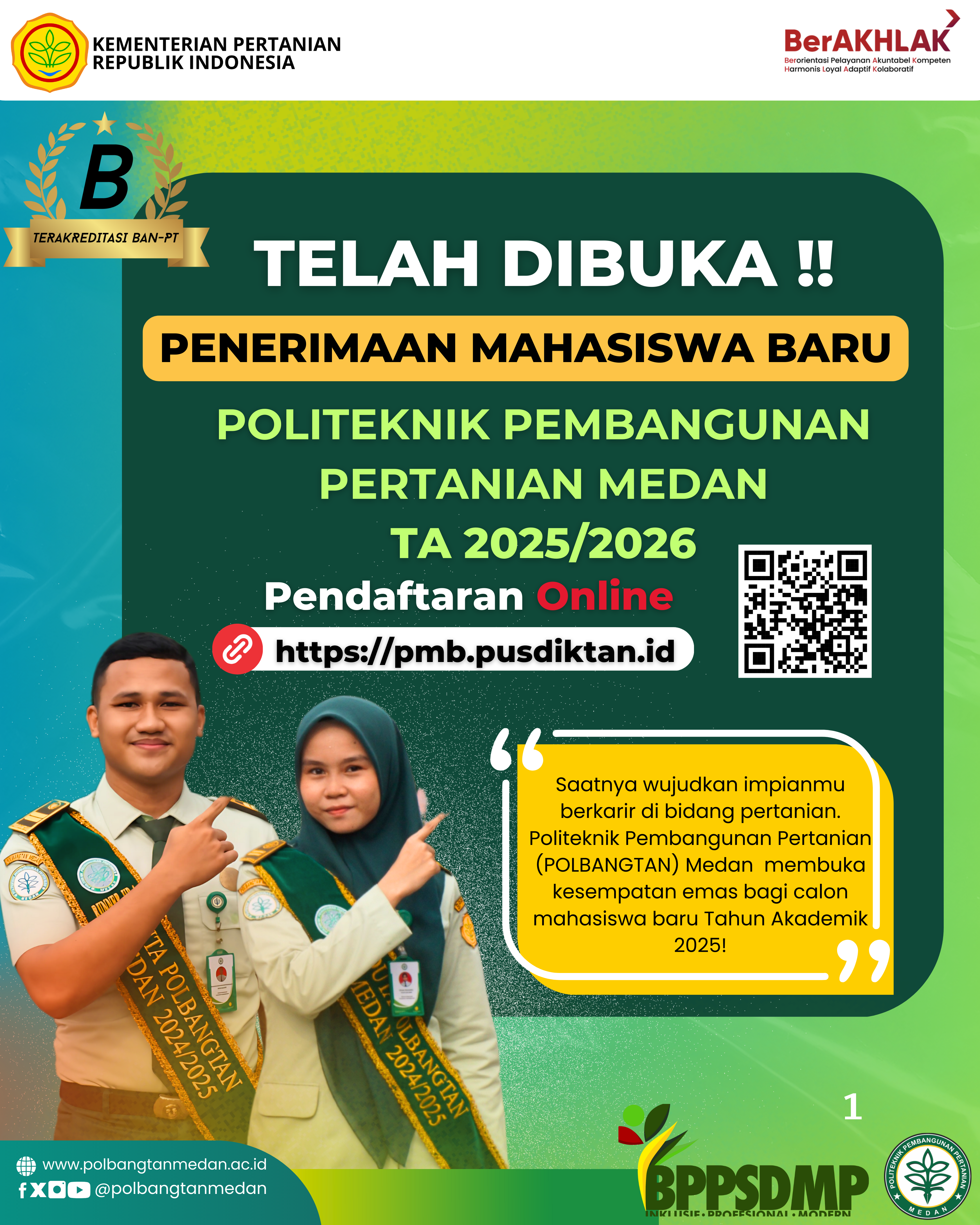 Penerimaan Mahasiswa Baru  Polbangtan Medan Tahun  Akademik 2025/ 2026